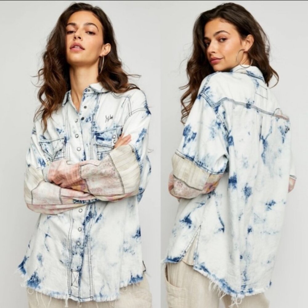 Free People We The Free Sunshine Coast Patchwork Tie Dye Button Top Patch Boho